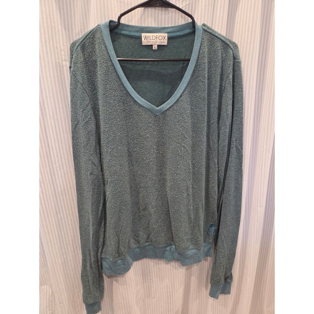 Wildfox Teal Blue Green V Neck Slouchy Knit Sweater Pullover Large